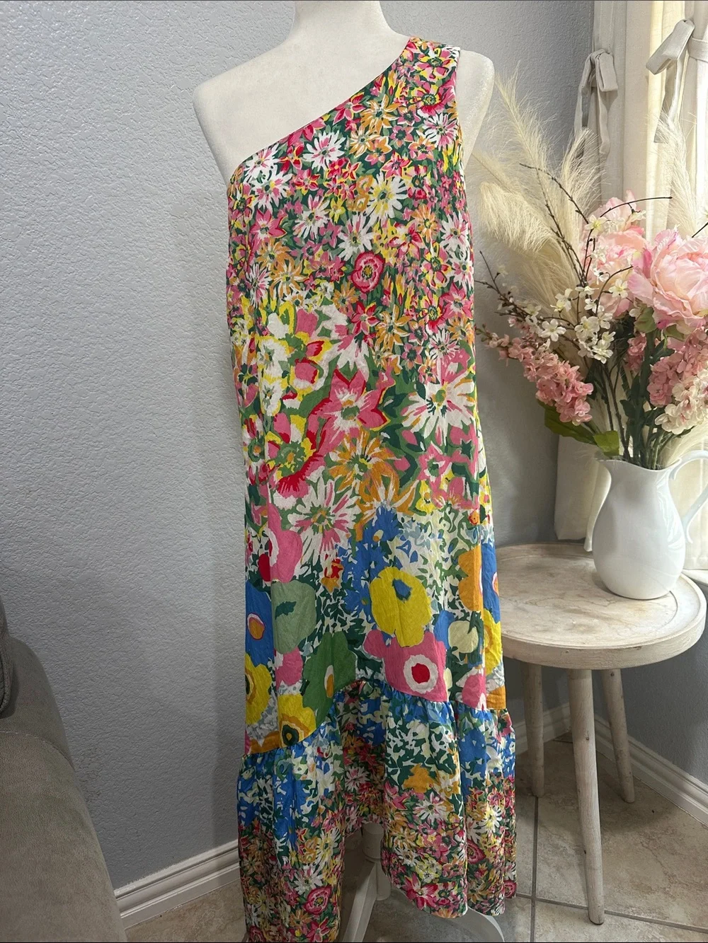 Anthropologie One-Shoulder Floral Maxi Dress in Pink, Yellow, Blue, Green